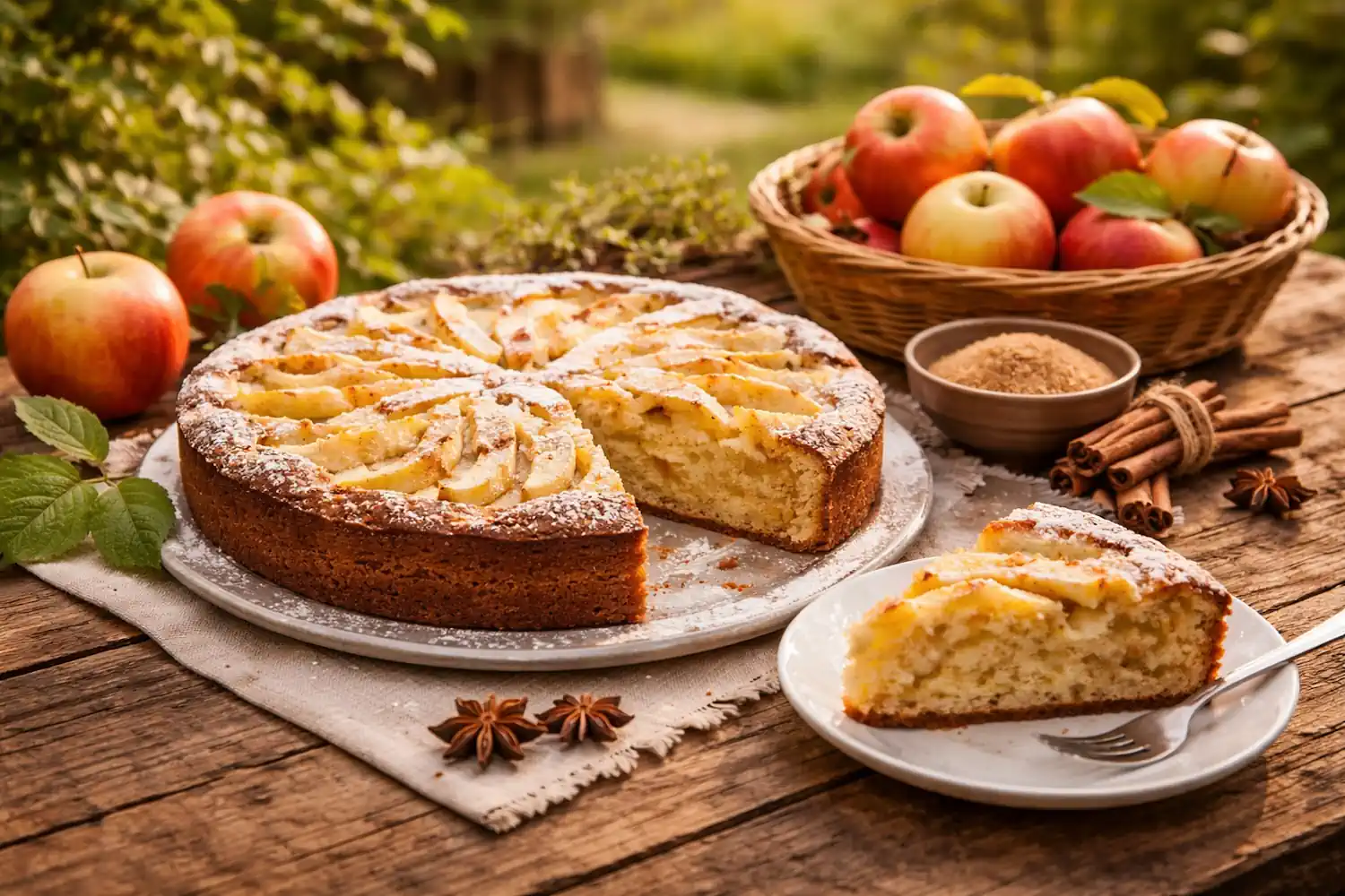 Klassischer Apfelkuchen mit frischen Äpfeln aus dem Kleingarten – saftig gebacken auf Holztisch im Garten