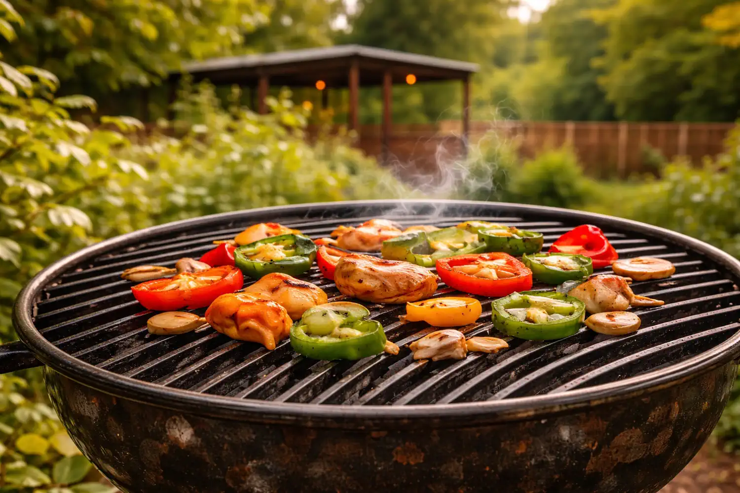 Grillen im Kleingarten mit Gemüse und Fleisch auf Holzkohlegrill – gemeinsames Gärtnerleben und Sommer im Garten